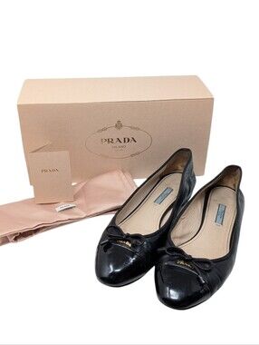 Prada Black Cap Toe Bow Leather Logo Ballerina Ballet Flats Size EU 39
